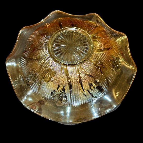 Jeanette Iris and Herringbone Ruffle Edge Marigold Carnival Glass Bowl 11.5 Inch - Picture 6 of 7